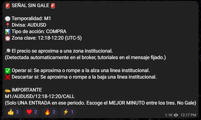 Mensaje de señal sin gale: par AUDUSD en M1, zona clave de 12:18 a 12:20, aviso de que el precio se aproxima a una zona institucional, una condición para operar, una para descartar y el recordatorio de una sola entrada por señal.