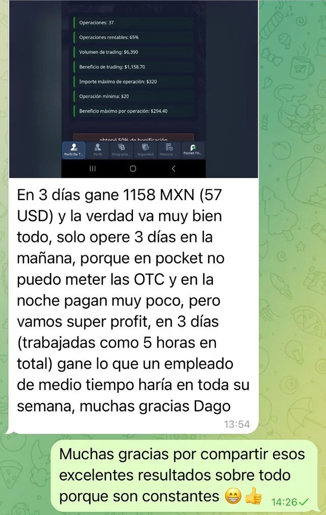 Captura compartida por un miembro del grupo: sus resultados y su mensaje